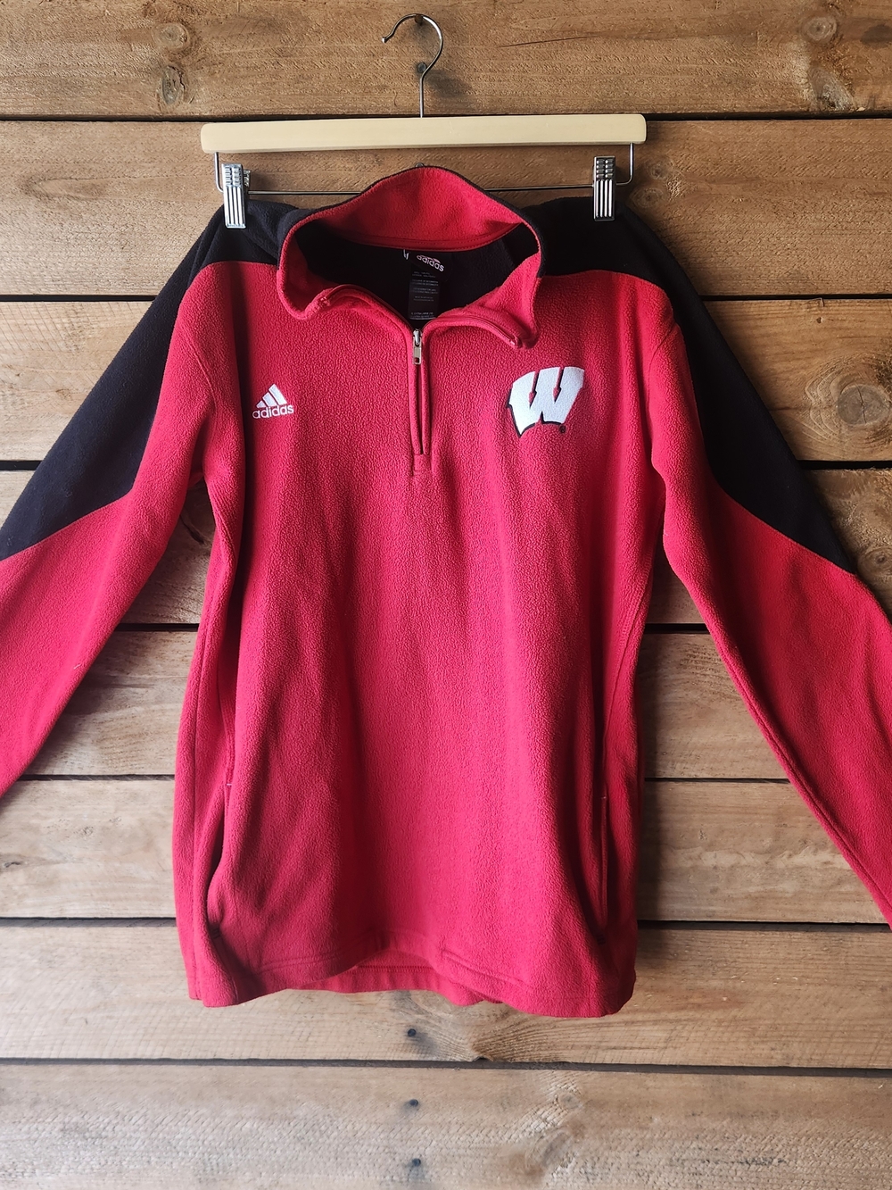 Adidas Men’s Red & Black Quarter-Zip Fleece Sweater with Wisconsin Logo